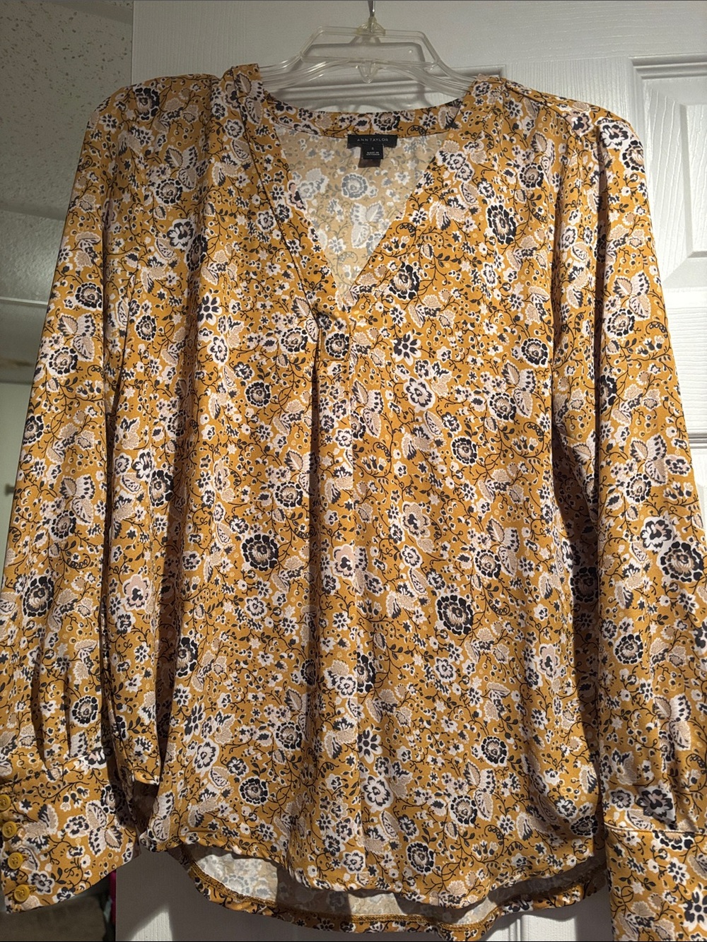 Floral V-Neck Long-Sleeve Blouse in Mustard